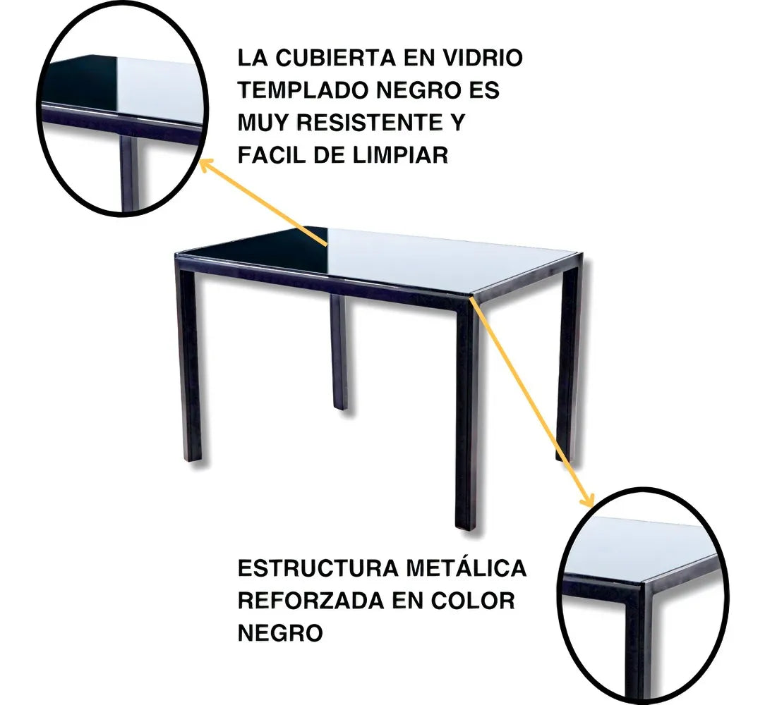 Mesa de comedor negra de vidrio templado