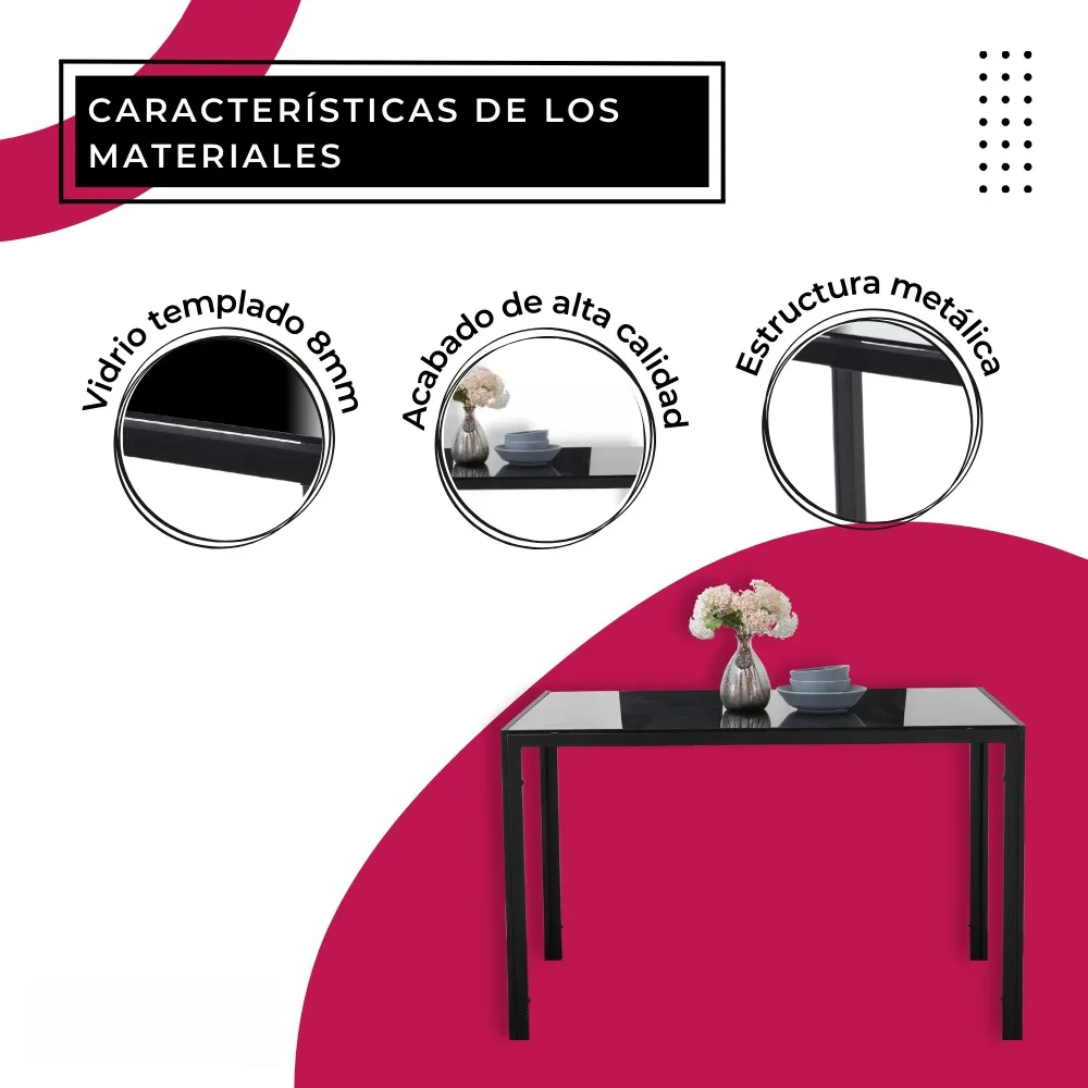 Mesa de comedor negra de vidrio templado