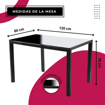 Mesa de comedor negra de vidrio templado